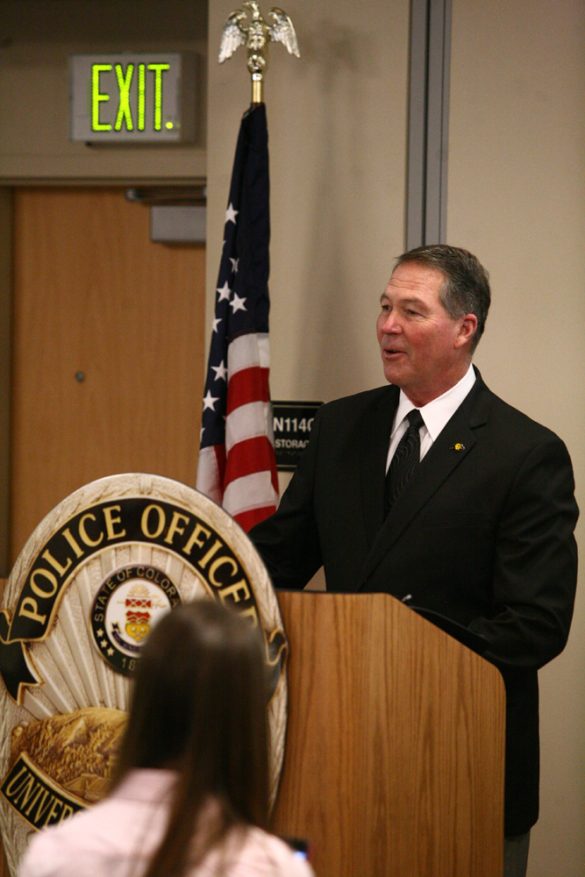 CU Police Chief Ron Burns speaks about the three recipients of the award. (Kai Casey/CU Independent)