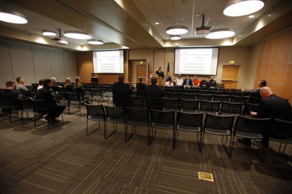 CU Police Chief Ron Burns speaks to a mostly empty room. (Kai Casey/CU Independent)