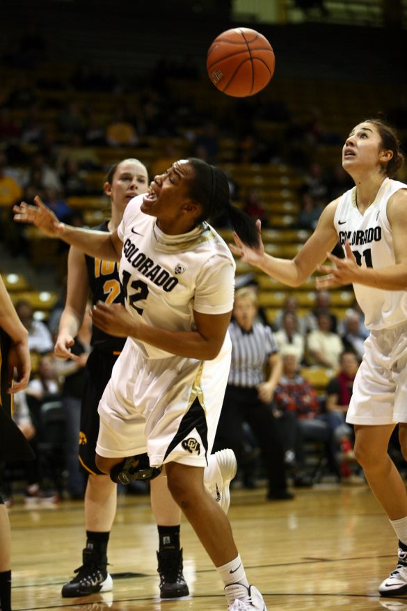 Senior guard Ashley Wilson (12) reacts after being fouled in the first half. Wilson only had 2 points coming off the bench. (Kai Casey/CU Independent)