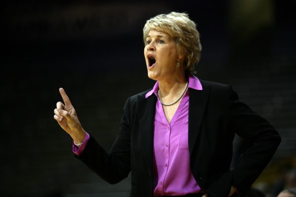 Iowa head coach Lisa Bluder calls a play out to her team. Bluder is in her 14th year of coaching the Hawkeyes, with a winning percentage of .615. (Kai Casey/CU Independent)