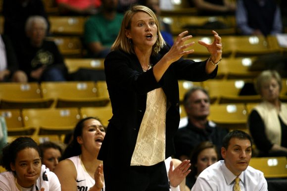 CU women's basketball head coach Linda Lappe calls out to her players. Lappe's Buffs have enjoyed recent success are are currently ranked 16th in the nation. (Kai Casey/CU Independent)