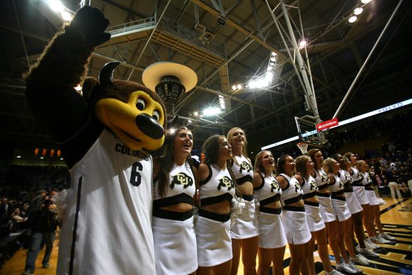 Colorado mascot Chip and Colorado cheerleaders sing the alma mater after Colorado defeated Harvard 70-62 at the Coors Events Center in Boulder, Colo. (Kai Casey/CU Independent)