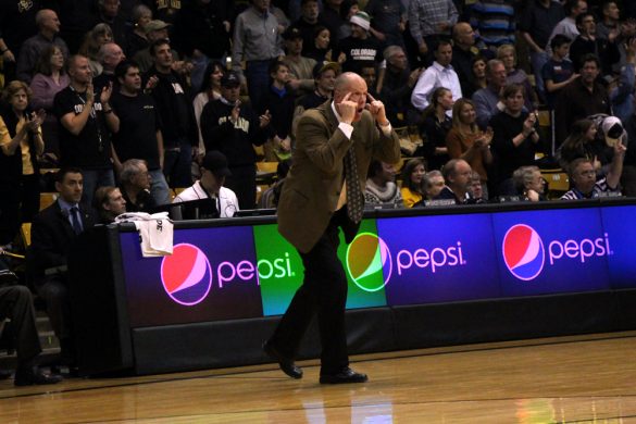 CU head coach Tad Boyle yells out his team late in the game. (Gray Bender/CU Independent)