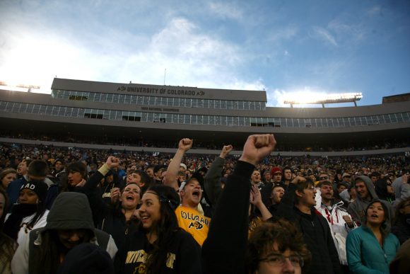 The C-Unit cheers after the Buffs' touchdown in the second quarter. (Matt Sisneros/CU Independent)