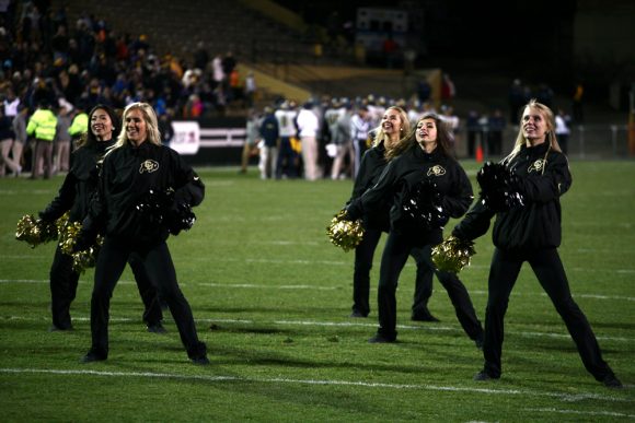 CU cheerleaders perform during a timeout. (Matt Sisneros/CU Independent)