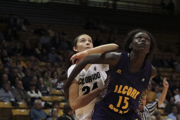 Freshman forward Lauren Huggins fights for position to get a rebound. She had 16 points in the Buffs 83-33 win against Alcorn State (Matt Sisneros/CU Independent)