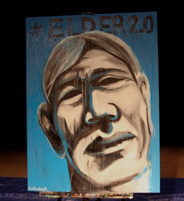 Bunky Echo-Hawk's final painting was titled "# Elder 2.0" after the audience participated in choosing the title. (Calyx Ward/CU Independent)