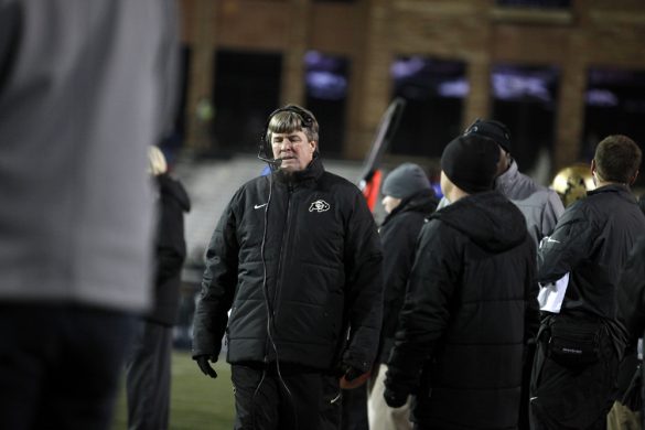 CU head coach Mike MacIntyre walks dejectedly on the sidelines. (Robert R. Denton/CU Independent)