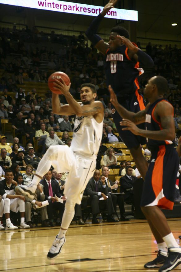 Askia Booker (0) attempts a lay up in the second half against UT Martin. (Nate Bruzdzinski/CU Independent)