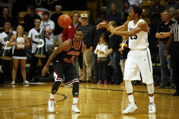 Spencer Dinwiddie (25) passes the ball to a teammate during the first half against Arkansas State. (Nate Bruzdzinski/CU Independent)