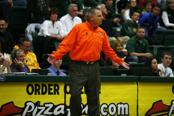 CSU head coach Larry Eustachy argues a call with a referee in the first half. Eustachy is in his second year as head coach. (Kai Casey/CU Independent)