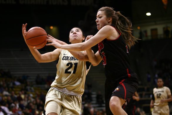 Southern Utah's Marquelle Funk (45) strips the ball as Colorado's Jasmine Sborov (21) goes for a layup. (Kai Casey/CU Independent)
