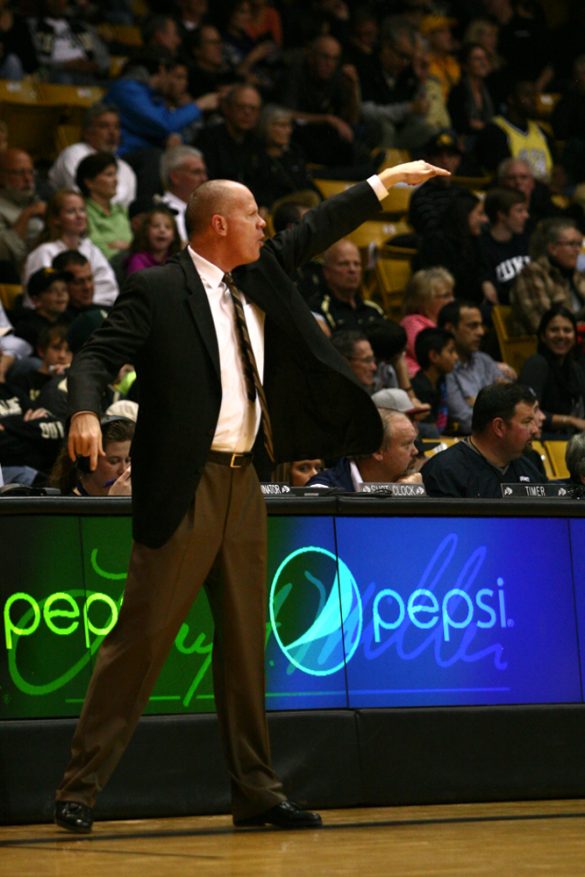 Coach Tad Boyle yells to his players during the Buffs 80-63 win over Elon Friday, Dec. 13, 2013 in Boulder, Colo.(Gray Bender/CU Independent)