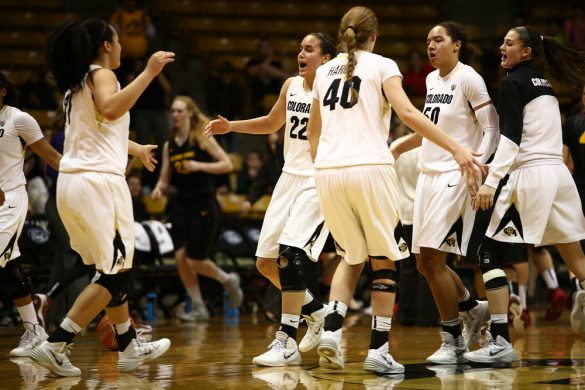 Colorado's Haley Smith (22) and the rest of the Buffs show their excitement after taking the lead in the second half. (Kai Casey/CU Independent)