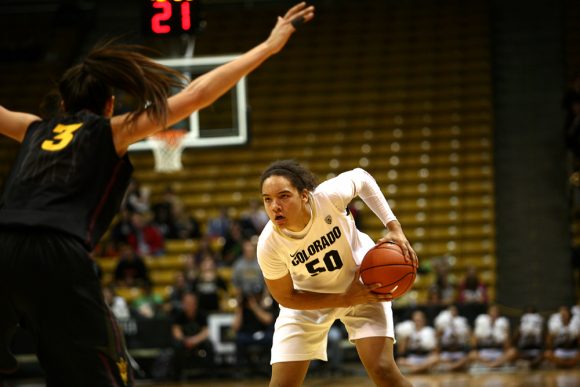 Colorado sophomore forward Jamee Swan (50) stares down Arizona State's Joy Burke (3) before making a move toward the hoop. (Kai Casey/CU Independent)