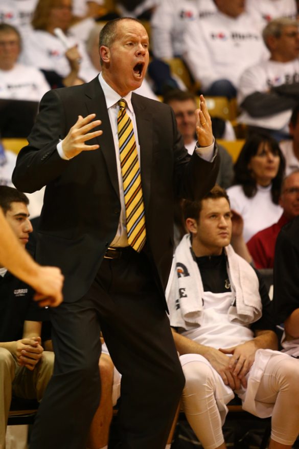 CU Head coach Tad Boyle losses it when the refs initially fumbled a possession call. (Nigel Amstock/CU Independent)