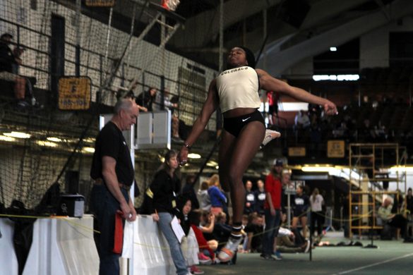 Sophomore Abrianna Torres, leaps in the long jump event, Saturday at the Potts Indoor Invitational in Balch Fieldhouse. She placed first with a distance of 5.99 meters. (Matt Sisneros/CU Independent)