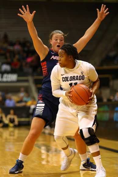 Senior guard Brittany Wilson looks to pass the ball while Arizona senior guard Carissa Crutchfield attempts to block her lane. (Nigel Amstock/CU Independent)