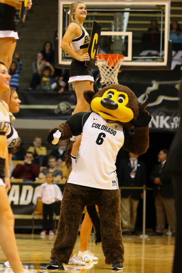 CU mascot "Chip" pumps up the crowd during a break in the action. (Nigel Amstock/CU Independent)