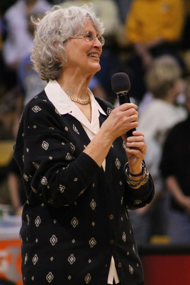 Former Colorado athletic director Jane Wahl receives the first ever Jane Wahl Legacy Award from Ceal Barry. Wahl was the first women's athletic director at CU. (Maddie Shumway/CU Independent)