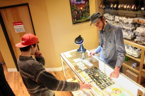 Jacob, last name not given, right, helps Matt, last name not given, decide on a strain of weed at the Terrapin Care Station. (Kai Casey/CU Independent)