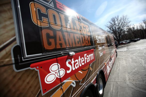 The College GameDay bus sits in the parking lot of Millenium Harvest House on 28th Street, Friday, Feb. 21, 2014, in Boulder, Colo. ESPN's College GameDay will broadcast live from the Coors Events Center starting at 8 a.m. (Kai Casey/CU Independent)