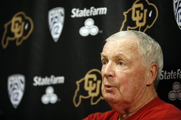 Digger Phelps, an analyst with ESPN's College GameDay, addresses the media during a press conference in media room of the Coors Events Center. Phelps coached the University of Notre Dame Fighting Irish from 1971 to 1973. (Kai Casey/CU Independent)