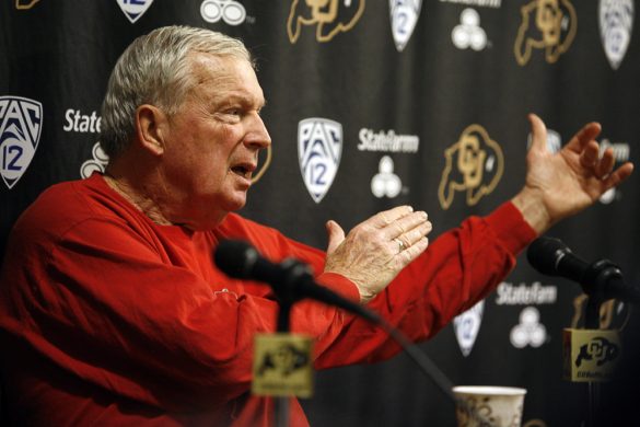 Digger Phelps, an analyst with ESPN's College GameDay, addresses the media during a press conference in media room of the Coors Events Center. (Kai Casey/CU Independent)