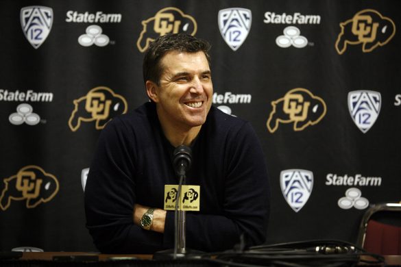 Rece Davis, the anchor of ESPN's College GameDay, laughs while addressing the media during a press conference in media room of the Coors Events Center. Davis said the Buffs can only play themselves out of the tournament, they don't need to do any more to get in. (Kai Casey/CU Independent)