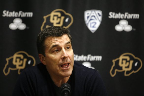 Rece Davis, the anchor of ESPN's College GameDay, addresses the media during a press conference in media room of the Coors Events Center. (Kai Casey/CU Independent)