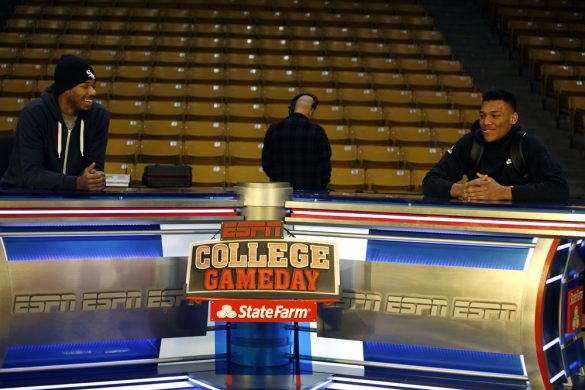 Colorado freshman basketball players Tre'Shaun Fletcher, left, and George King joke around on the ESPN College GameDay set. (Kai Casey/CU Independent)