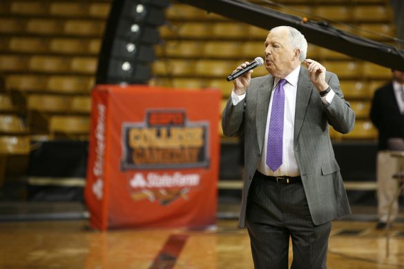 Digger Phelps gives an inspirational speech to the Colorado fans before the ESPN College GameDay broadcast at the Coors Events Center, Saturday, Feb. 22, 2014, in Boulder, Colo. (Kai Casey/CU Independent)