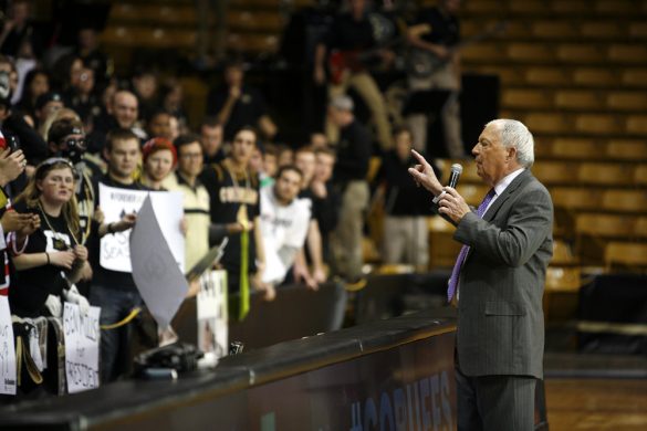 Digger Phelps gives an inspirational speech to the Colorado fans before the ESPN College GameDay broadcast at the Coors Events Center, Saturday, Feb. 22, 2014, in Boulder, Colo. (Kai Casey/CU Independent)