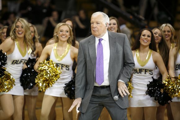 Digger Phelps does a celebratory dance with Colorado cheerleaders before the ESPN College GameDay broadcast at the Coors Events Center, Saturday, Feb. 22, 2014, in Boulder, Colo. (Kai Casey/CU Independent)