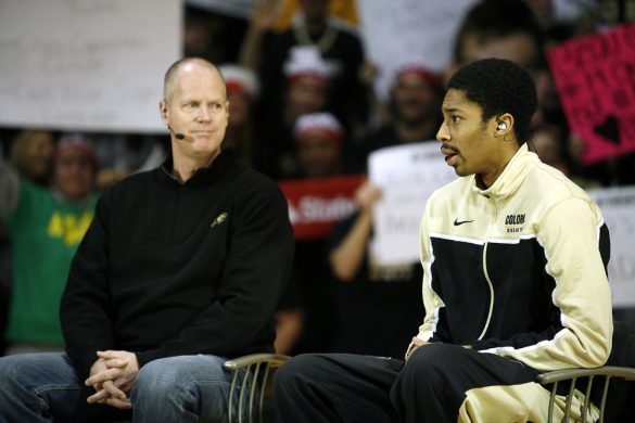 Colorado junior guard Spencer Dinwiddie, right, answers a question from Rece Davis (not pictured) while head coach Tad Boyle looks on during the ESPN College GameDay broadcast at the Coors Events Center, Saturday, Feb. 22, 2014, in Boulder, Colo. (Kai Casey/CU Independent)