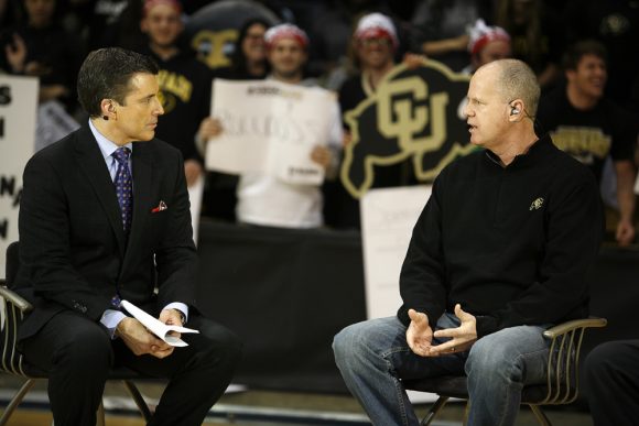 Colorado head coach Tad Boyle, right, answers a question from GameDay anchor Rece Davis during the ESPN College GameDay broadcast at the Coors Events Center, Saturday, Feb. 22, 2014, in Boulder, Colo. (Kai Casey/CU Independent)