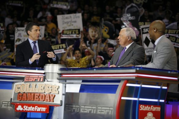 From left to right, Rece Davis, anchor of College GameDay, Digger Phelps and Jay Williams discuss various topics around the college basketball world during the ESPN College GameDay broadcast at the Coors Events Center, Saturday, Feb. 22, 2014, in Boulder, Colo. (Kai Casey/CU Independent)