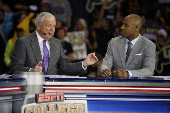 Digger Phelps, left, discusses the upcoming basketball games as Jay Williams listens during the ESPN College GameDay broadcast at the Coors Events Center, Saturday, Feb. 22, 2014, in Boulder, Colo. (Kai Casey/CU Independent)