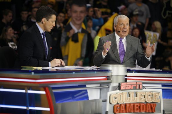 Digger Phelps, right, gives his opinion as Rece Davis looks on during the ESPN College GameDay broadcast at the Coors Events Center, Saturday, Feb. 22, 2014, in Boulder, Colo. (Kai Casey/CU Independent)