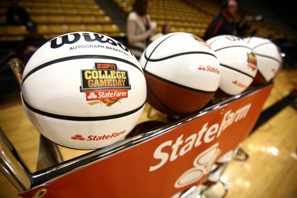 A rack of College GameDay basketballs sits on the court during the ESPN College GameDay broadcast at the Coors Events Center, Saturday, Feb. 22, 2014, in Boulder, Colo. (Kai Casey/CU Independent)