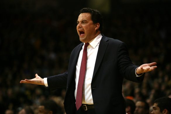 Arizona head coach Sean Miller protests a call during an NCAA college basketball game between the Colorado Buffaloes and the No. 4 Arizona Wildcats at the Coors Events Center, Saturday, Feb. 22, 2014, in Boulder, Colo. (Kai Casey/CU Independent)