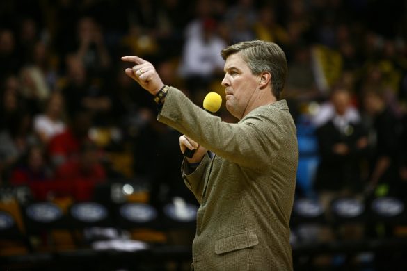 Colorado head football coach Mike MacIntyre addresses the crowd during halftime of an NCAA college basketball game between the Colorado Buffaloes and the No. 4 Arizona Wildcats at the Coors Events Center, Saturday, Feb. 22, 2014, in Boulder, Colo. (Kai Casey/CU Independent)