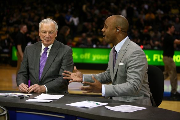 College GameDay analysts Jay Williams, right, and Digger Phelps discuss the first half of the game during halftime an NCAA college basketball game between the Colorado Buffaloes and the No. 4 Arizona Wildcats at the Coors Events Center, Saturday, Feb. 22, 2014, in Boulder, Colo. (Kai Casey/CU Independent)