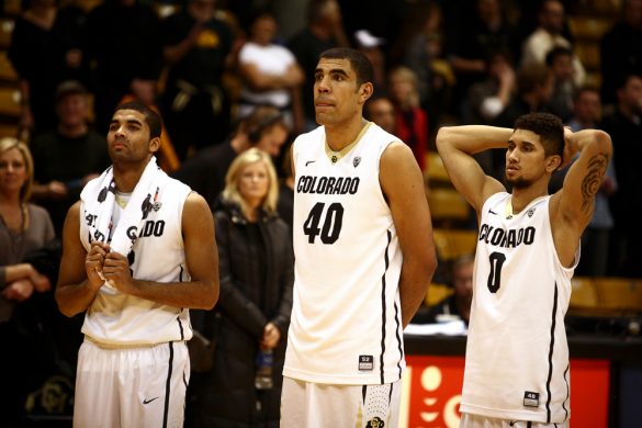 From left to right, Colorado's Xavier Talton, Josh Scott and Askia Booker stand dejectedly after losing 87-61 in an NCAA college basketball game between the Colorado Buffaloes and the No. 4 Arizona Wildcats at the Coors Events Center, Saturday, Feb. 22, 2014, in Boulder, Colo. (Kai Casey/CU Independent)