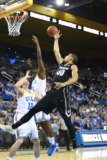 Colorado Forward Josh Scott exclaims as he losses possession of the ball while attempting a shot at Pauley Pavilion. (Nigel Amstock/CU Independent)