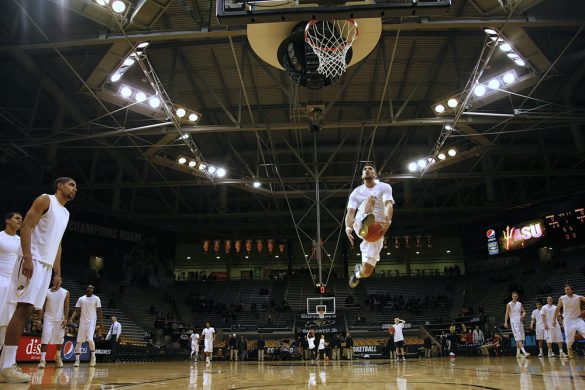 Junior guard, Askia Booker, goes up for a between the legs dunk during warm ups before tip off against Arizona State on Wednesday, Feb. 19, 2014. Booker had 18 points in the Buffs 62-51 victory. (Matt Sisneros/CU Independent)