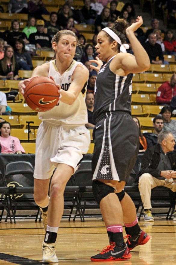 Colorado junior Lexy Kresl looks for a way around a defending Washington State player. Kresl scored five points out of the team's overall 77-point game. (Maddie Shumway/ CU Independent)
