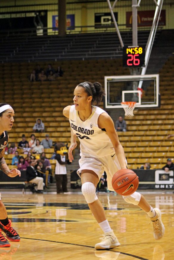Colorado sophomore Arielle Roberson heads down the court. Roberson scored nine of the team's 77 points. (Maddie Shumway/CU Independent)