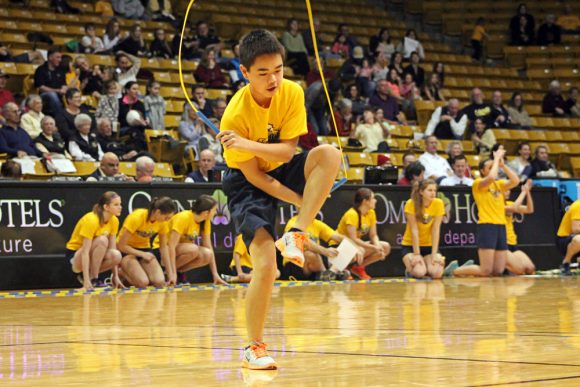 A member of the Jumping Eagles performs during halftime. The Jumping Eagles are a competitive jump rope team based out of Littleton, Colo. (Maddie Shumway/CU Independent)