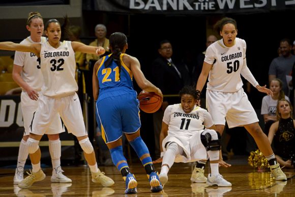 Colorado senior guard Brittany Wilson (11) gets crossed over while trying to guard UCLA sophomore guard Nirra Fields (21) in the first half of Friday's game. (Elizabeth Rodriguez/ CU Independent)